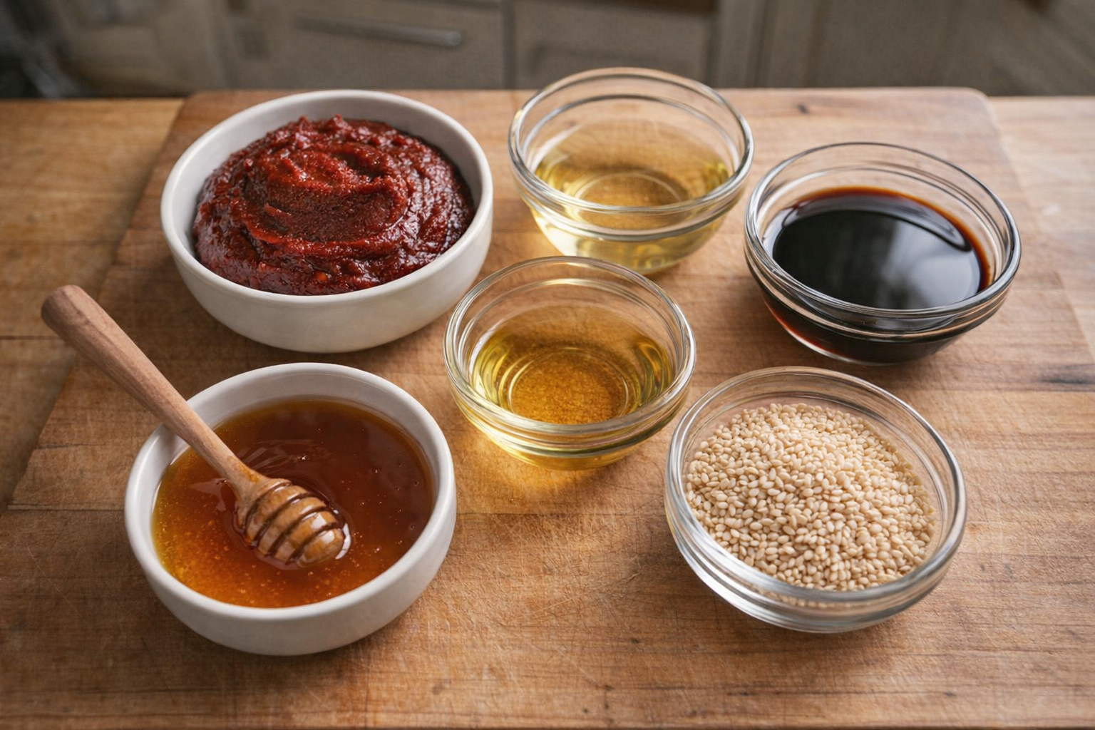 A top-down shot of all the ingredients for gochujang sauce laid out on a wooden cutting board: gochujang paste, rice vinegar, sesame oil, soy sauce, honey, and sesame seeds